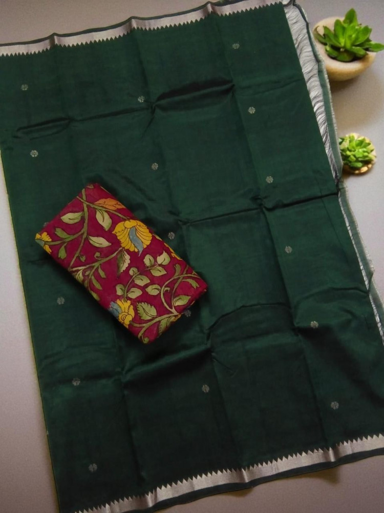 Image of Handwoven Mangalagiri Silk Saree with Pen Kalamkari Blouse