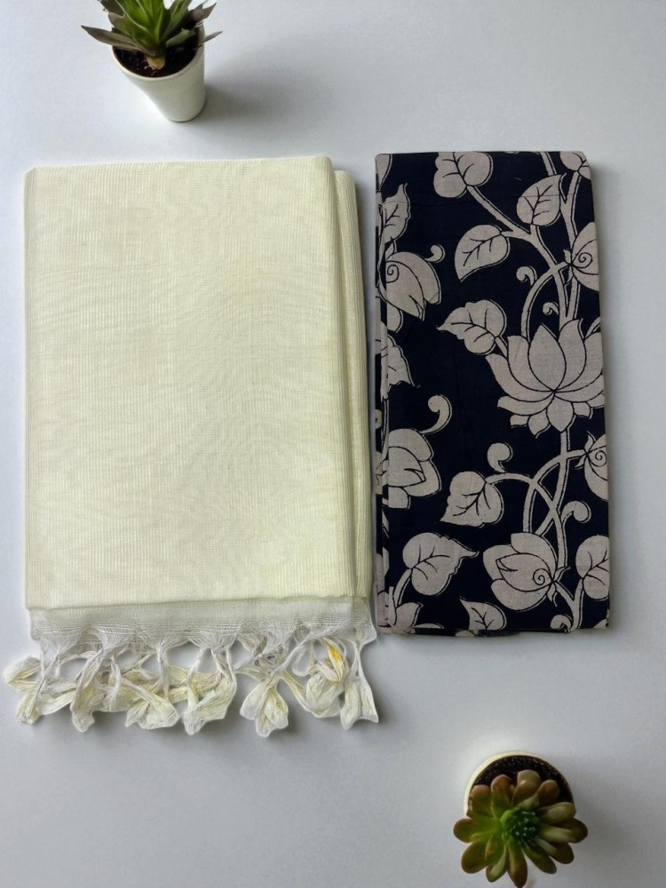 Image of Plain Borderless Mangalagiri Silk Cotton Saree with Printed Kalamkari Cotton Blouse