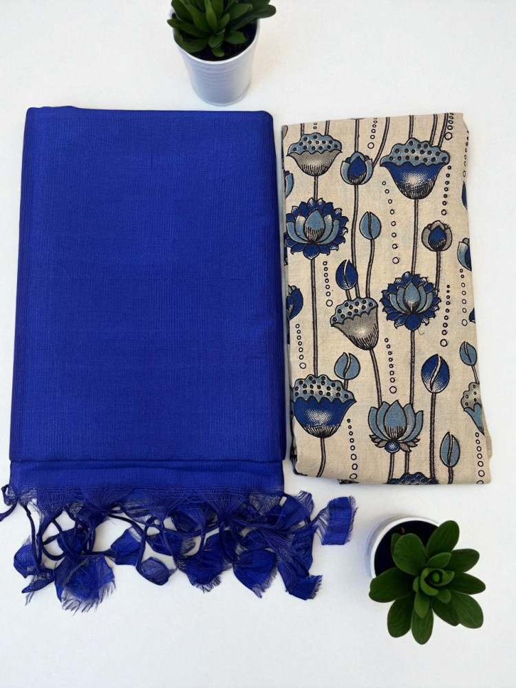 Image of Plain Borderless Mangalagiri Silk Cotton Saree with Printed Kalamkari Cotton Blouse