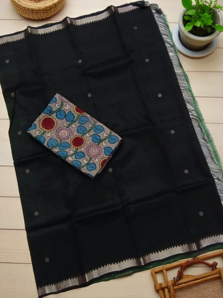 Image of Handwoven Mangalagiri Silk Saree with Pen Kalamkari Blouse