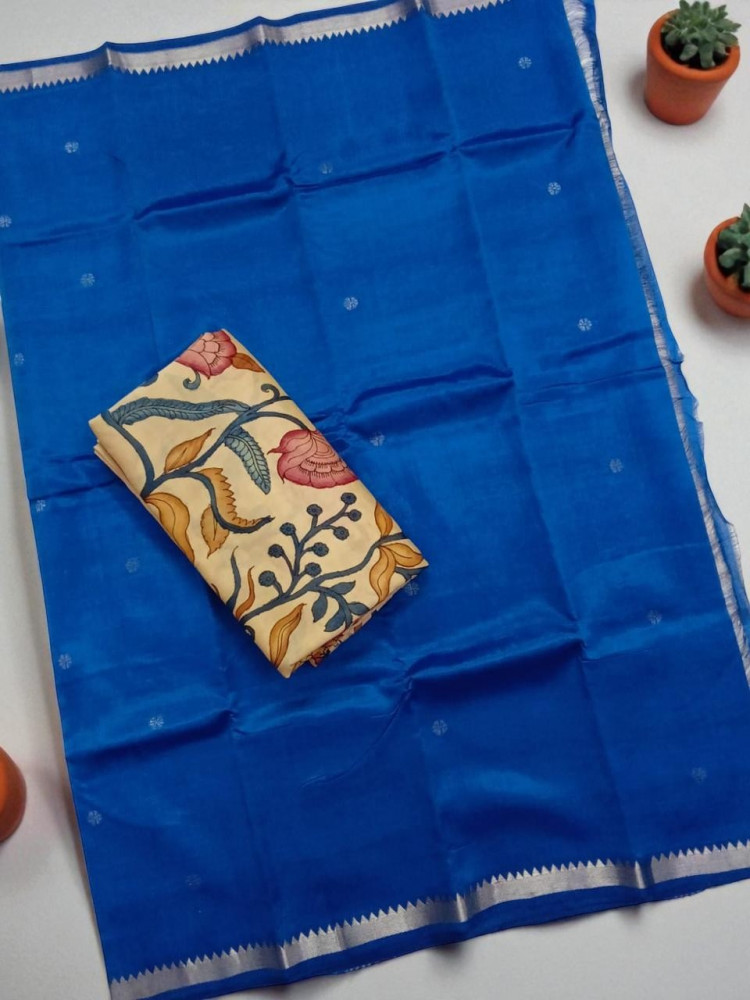 Image of Handwoven Mangalagiri Silk Saree with Pen Kalamkari Blouse