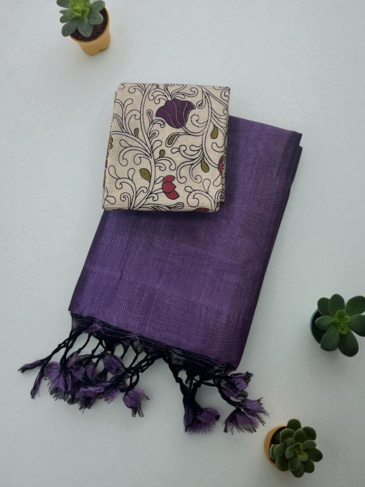 Image of Plain Borderless Mangalagiri Silk Cotton Saree with Printed Kalamkari Cotton Blouse