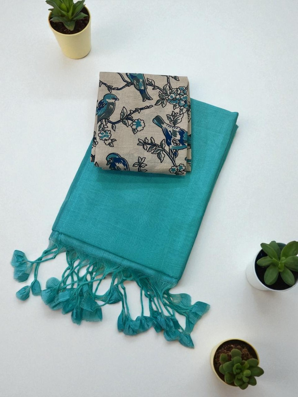 Plain Borderless Mangalagiri Silk Cotton Saree with Printed Kalamkari Cotton Blouse