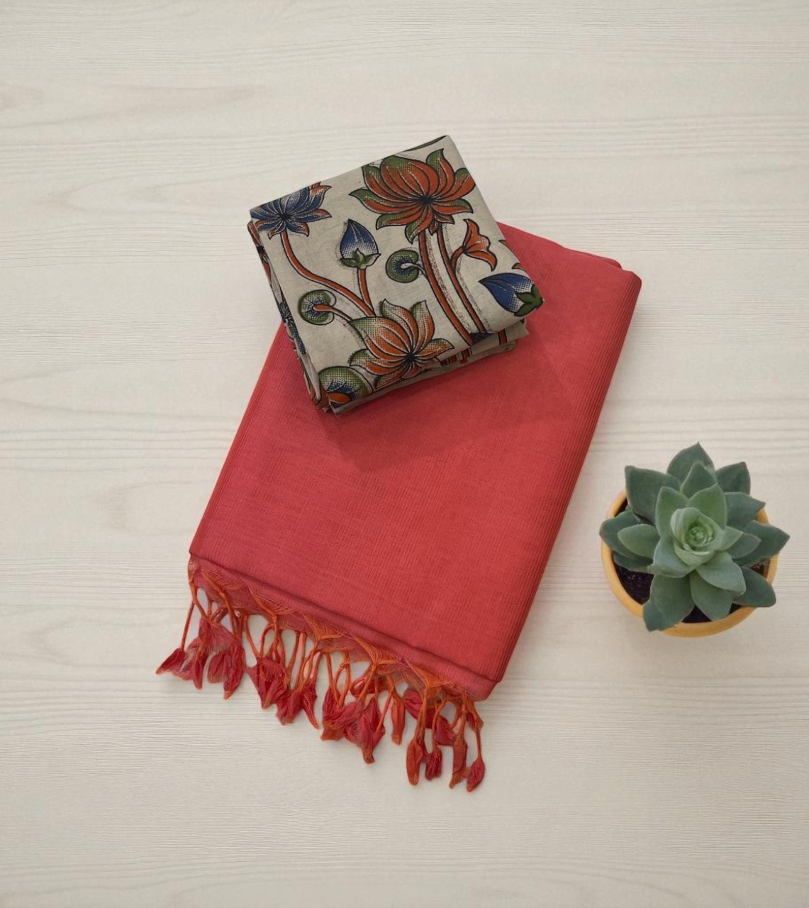 Plain Borderless Mangalagiri Silk Cotton Saree with Printed Kalamkari Cotton Blouse