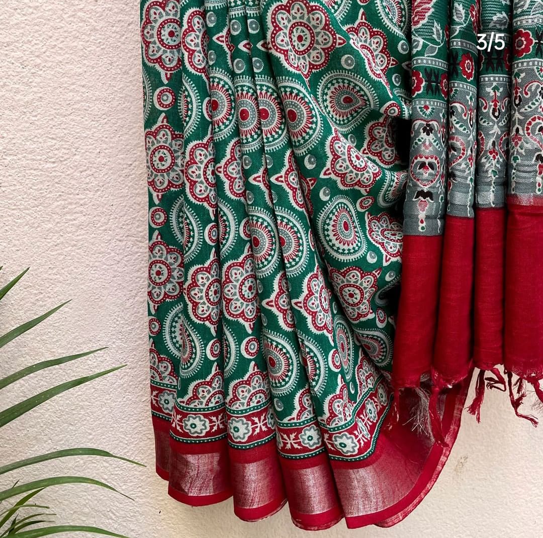 Sea Green Meadallion Organic Linen Saree