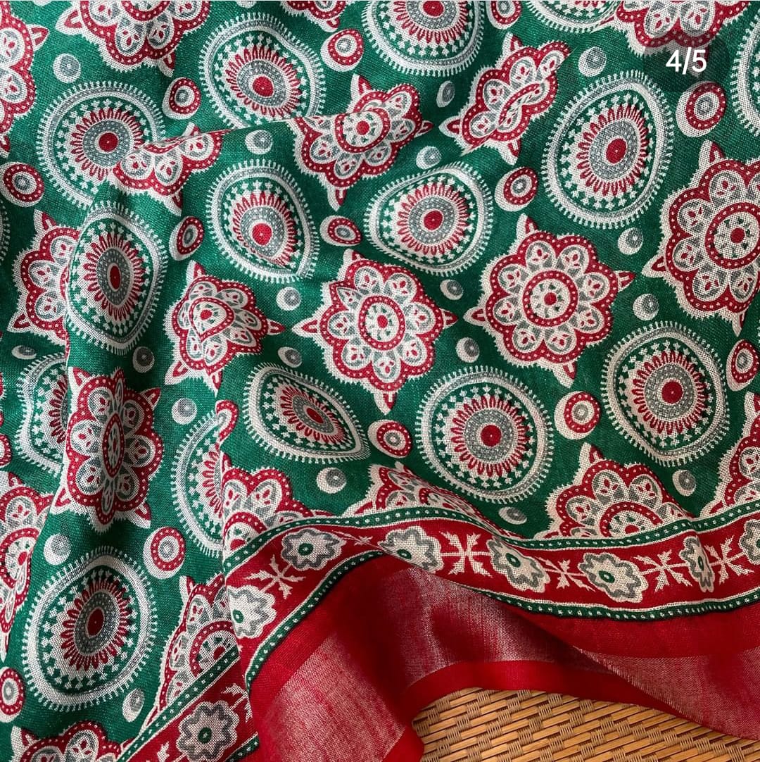 Sea Green Meadallion Organic Linen Saree