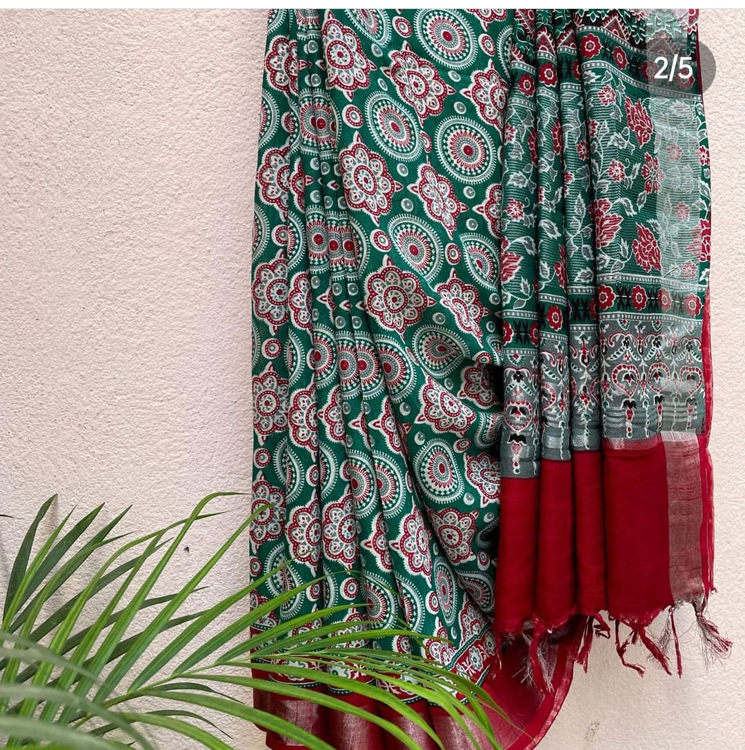 Sea Green Meadallion Organic Linen Saree