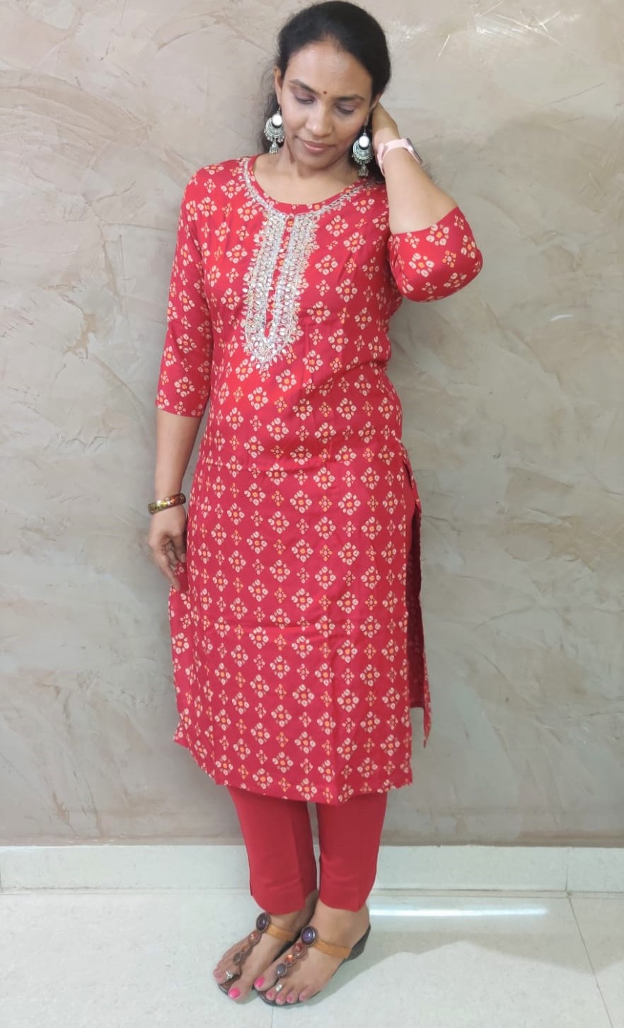 Red Color Printed Two Piece Suit Set