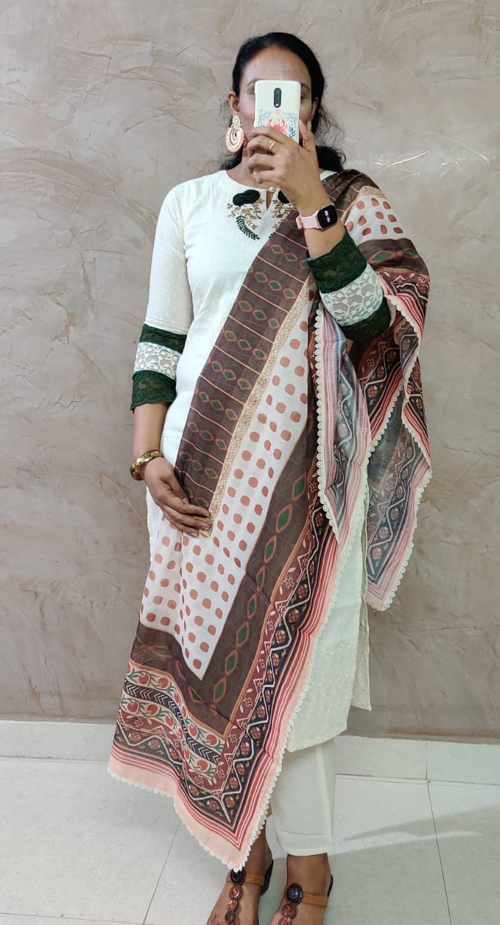 Off White Embroidery suit set With Ajrakh Dupatta