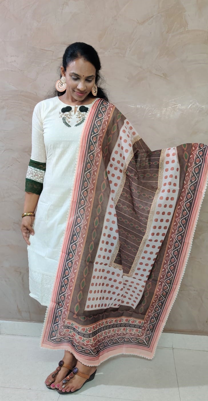 Off White Embroidery suit set With Ajrakh Dupatta