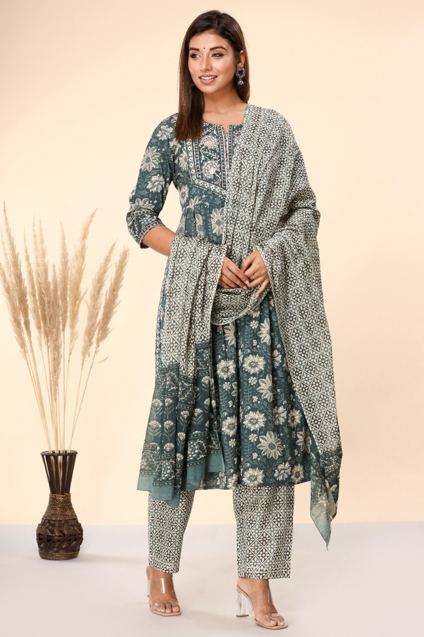 High Slit Floral Print Suit Set