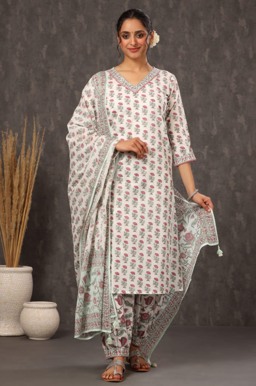 White Floral Cotton Suit Set