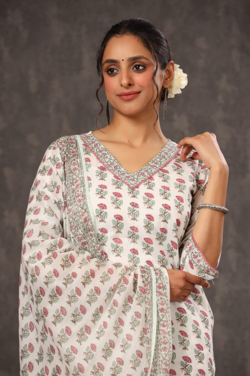 White Floral Cotton Suit Set