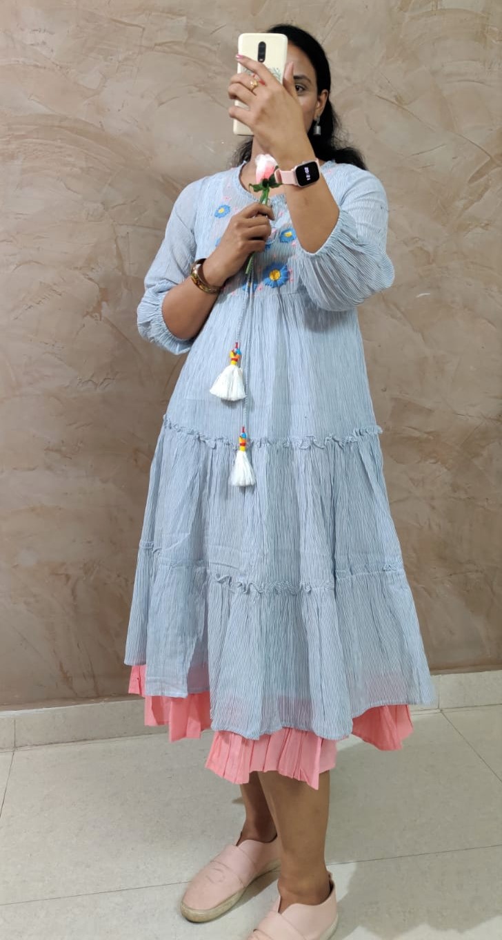 Blue Color Layered Two Piece Cotton Dress