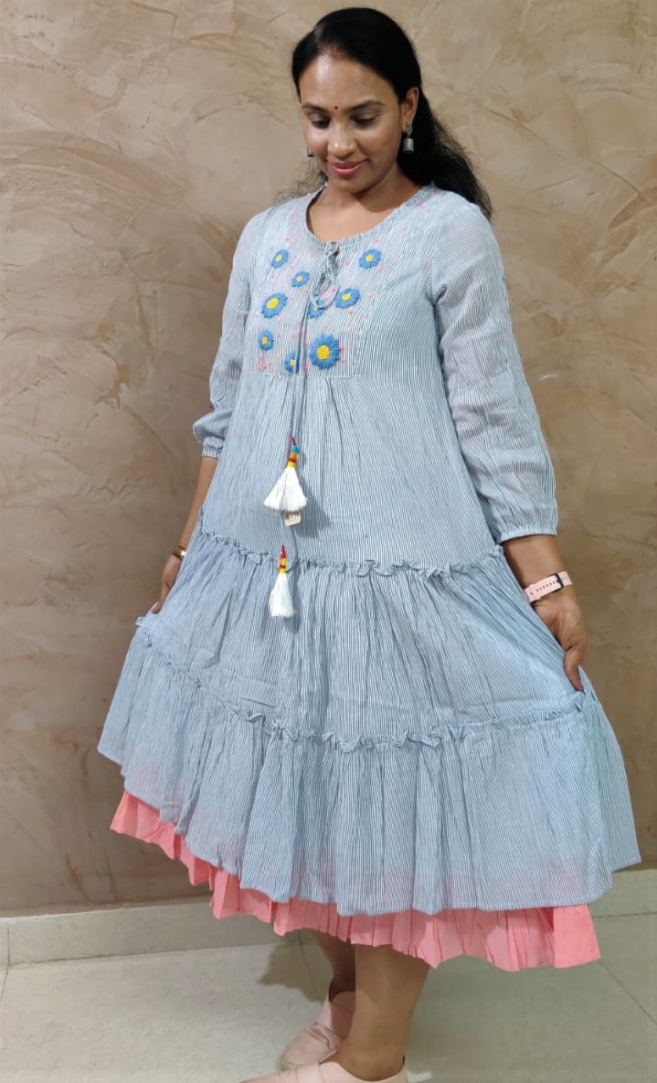 Blue Color Layered Two Piece Cotton Dress