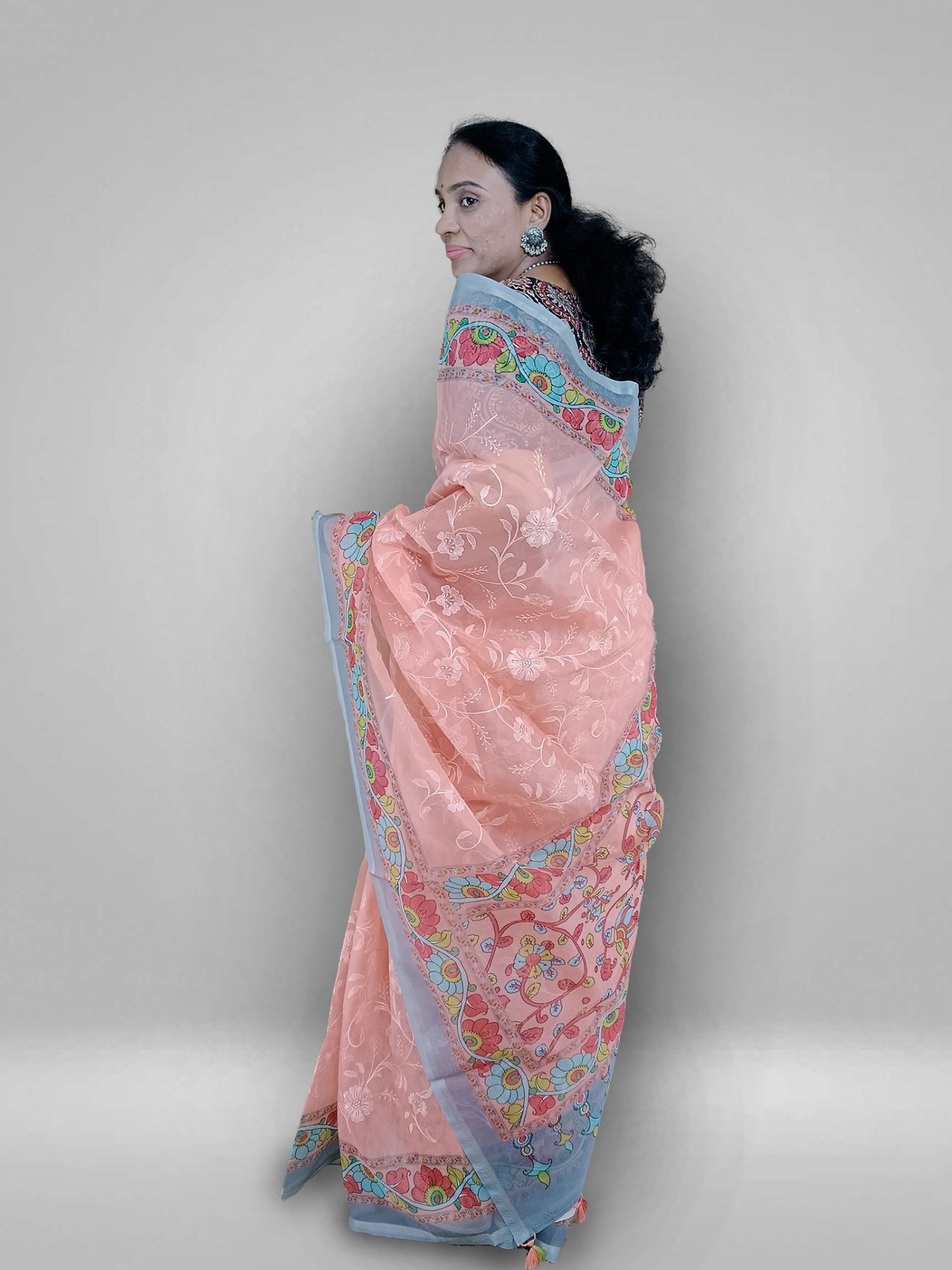 KORA SILK EMDRIODERY KALAMKARI PRINT SAREE