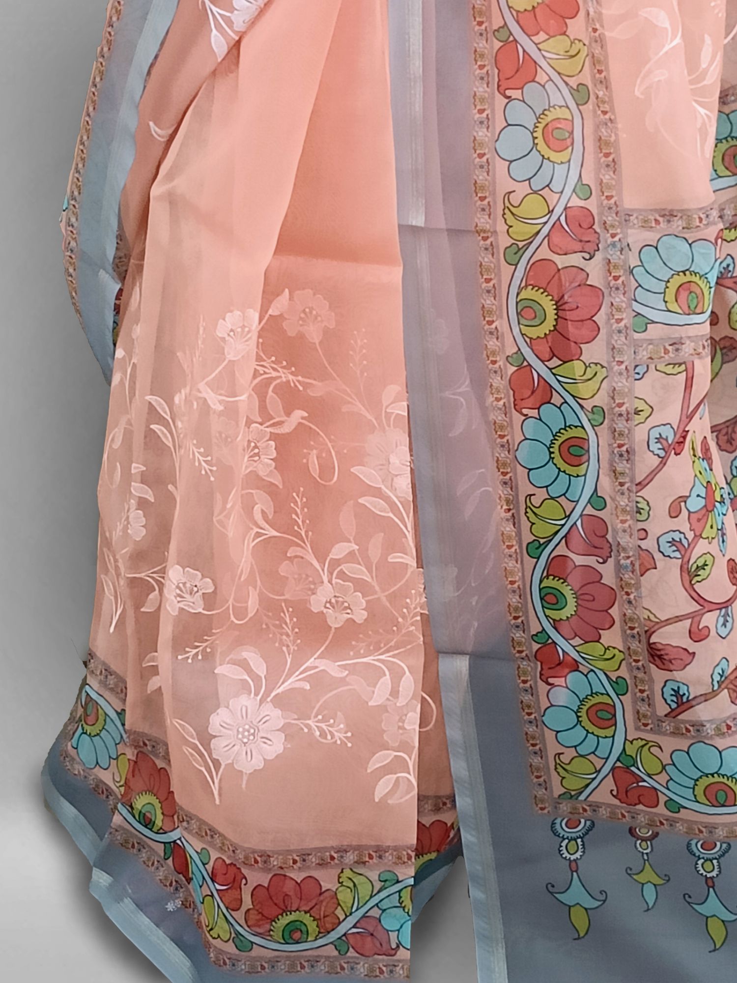 KORA SILK EMDRIODERY KALAMKARI PRINT SAREE