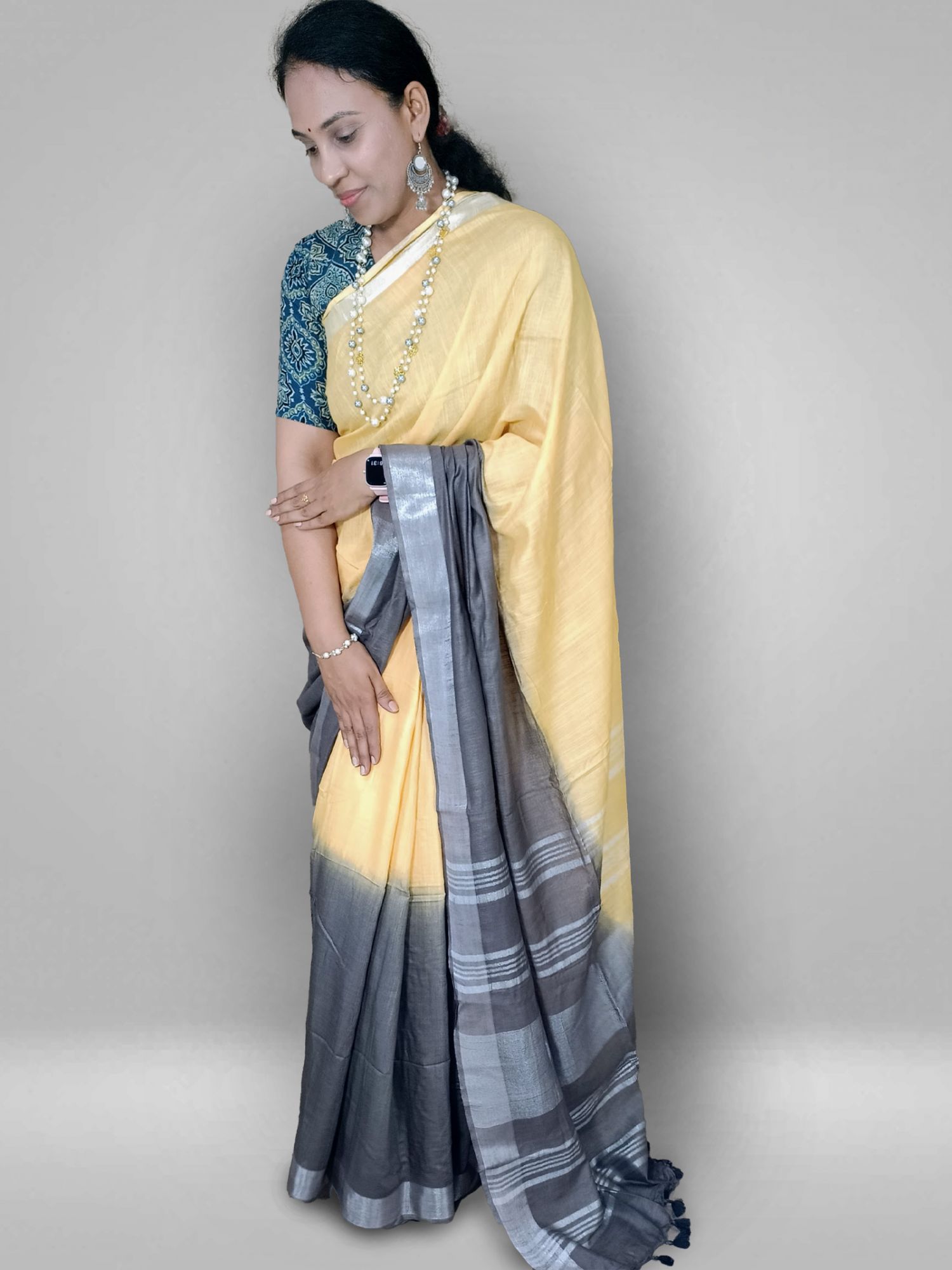 HAND WOVEN SEMI-LINEN SAREES- Yellow and Grey