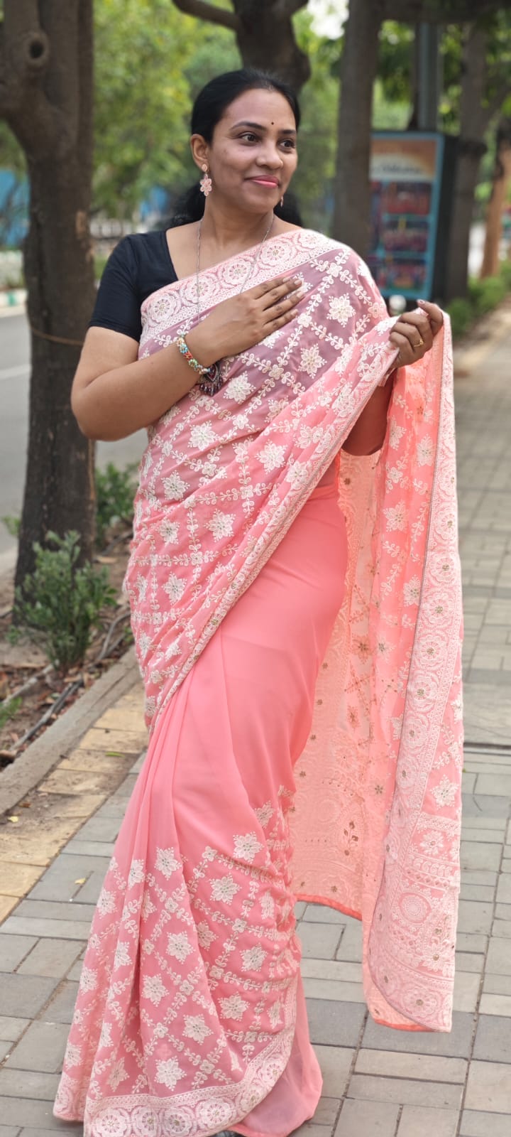 Peach Hand - embroidery Chikankari half jaal saree