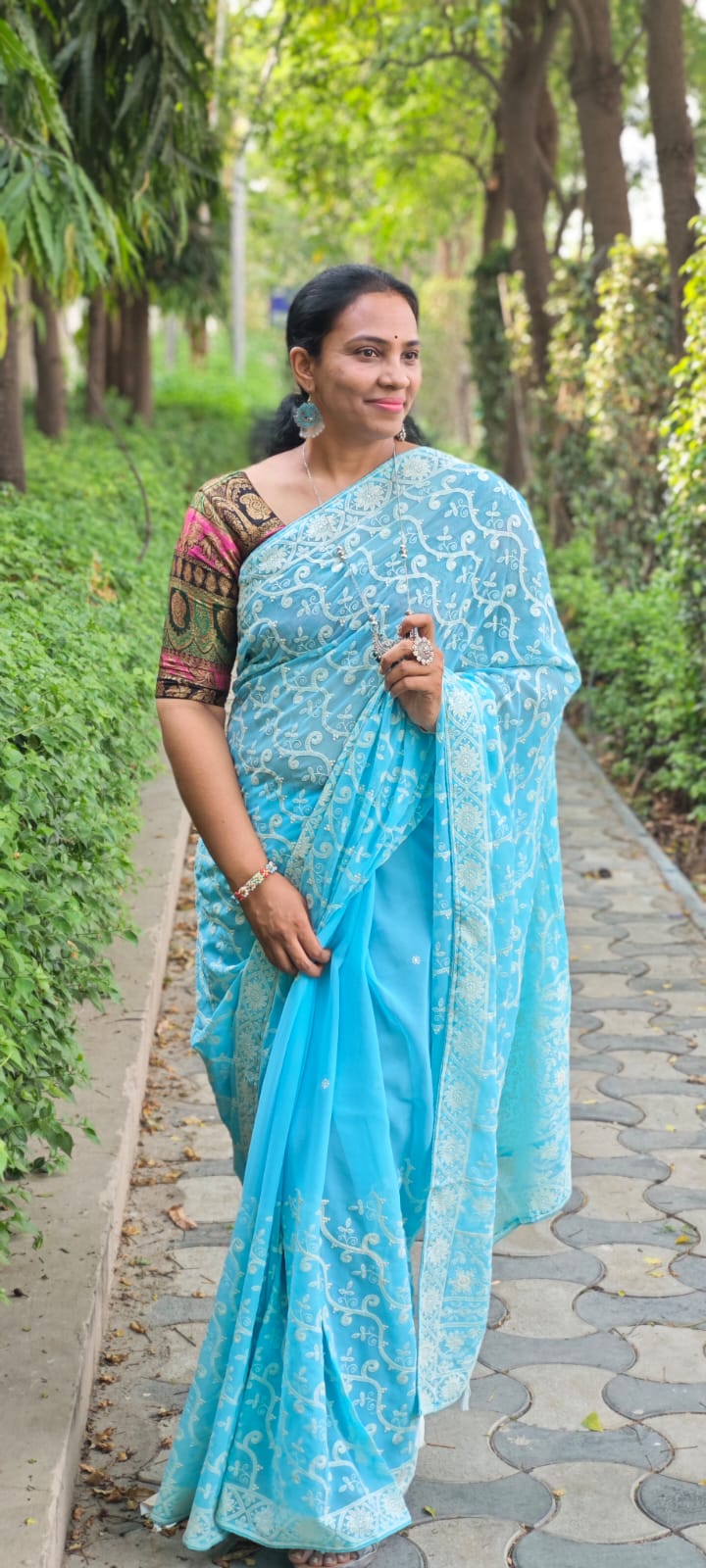 Light Blue Hand embroidery chikankari half jaal saree