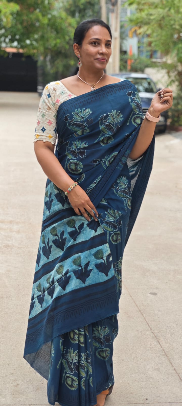 Hand Block Print Vanaspati Ajrakh Mul Cotton Saree
