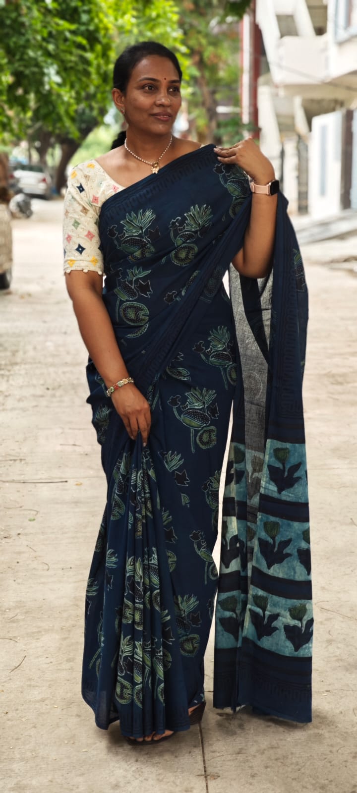 Hand Block Print Vanaspati Ajrakh Mul Cotton Saree