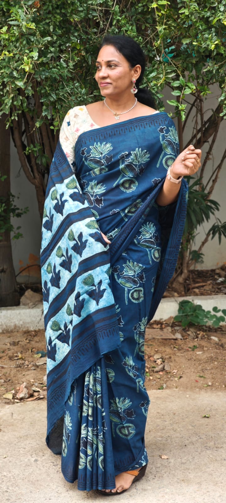 Hand Block Print Vanaspati Ajrakh Mul Cotton Saree