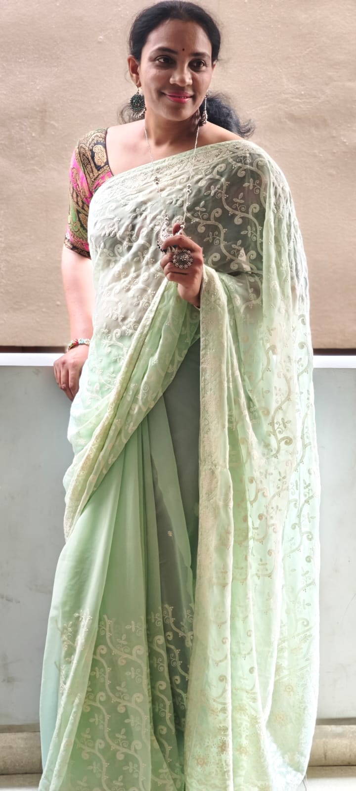 Pista Green Hand- embroidery Chikankari half jaal saree