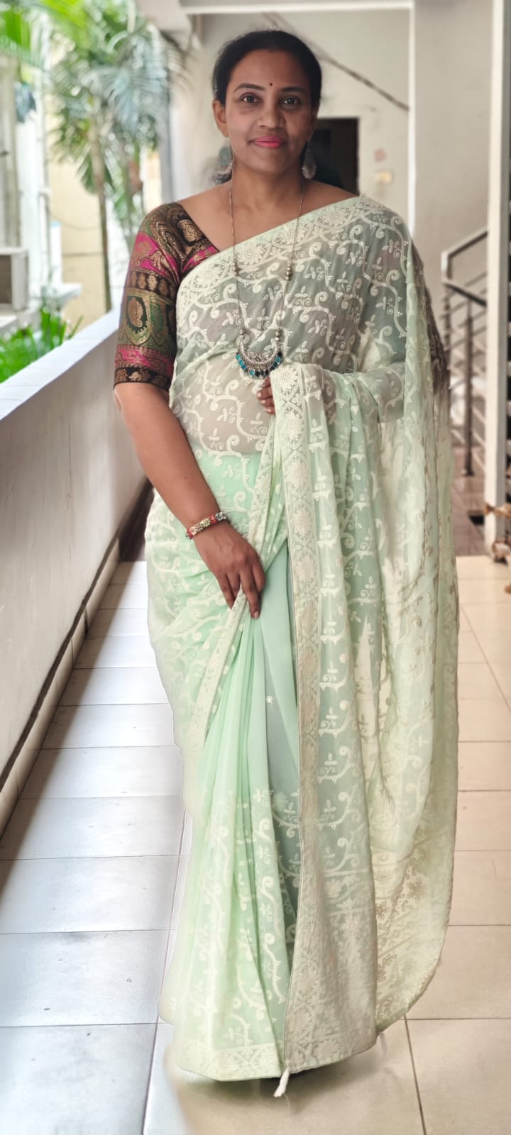 Pista Green Hand- embroidery Chikankari half jaal saree