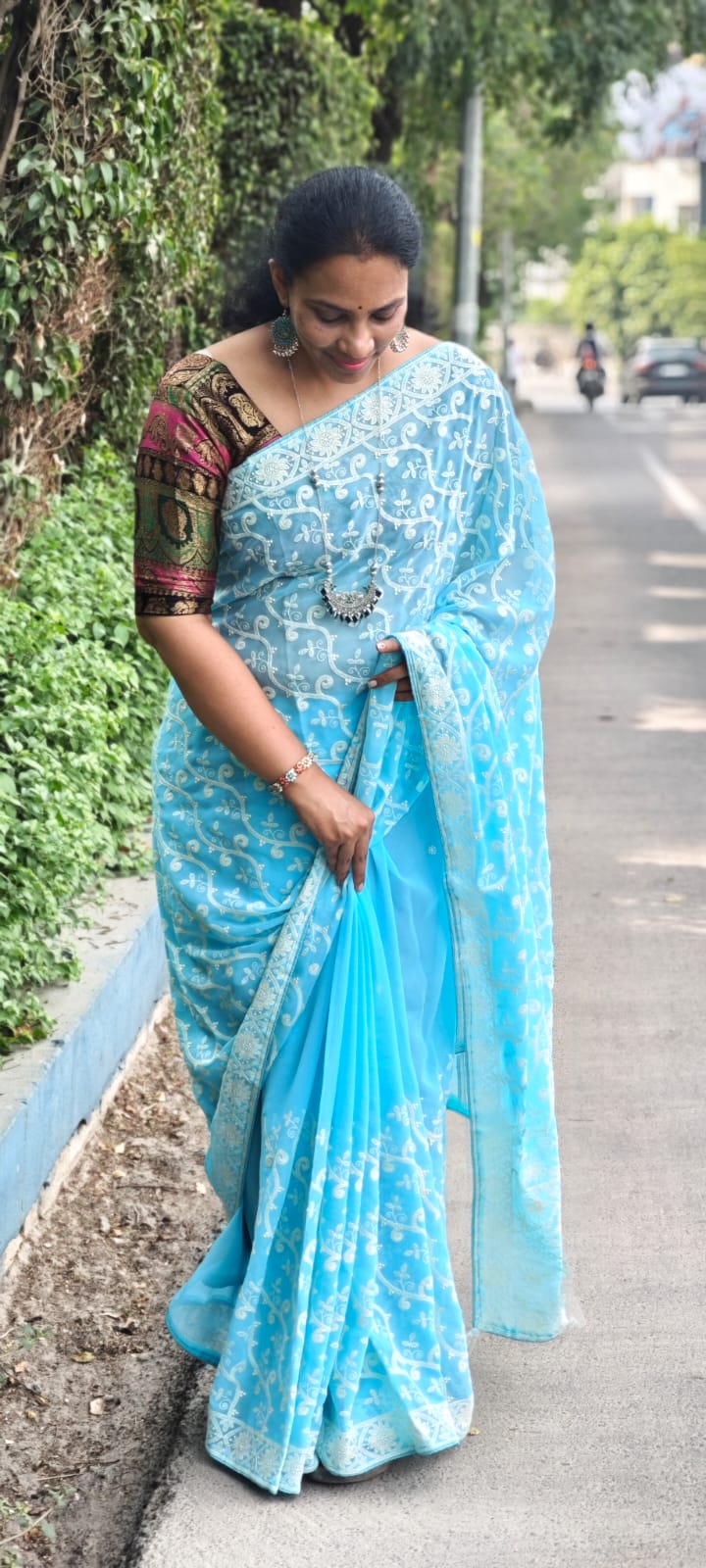 Light Blue Hand embroidery chikankari half jaal saree