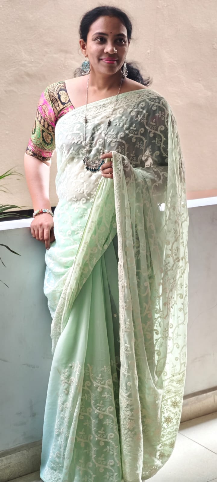Pista Green Hand- embroidery Chikankari half jaal saree
