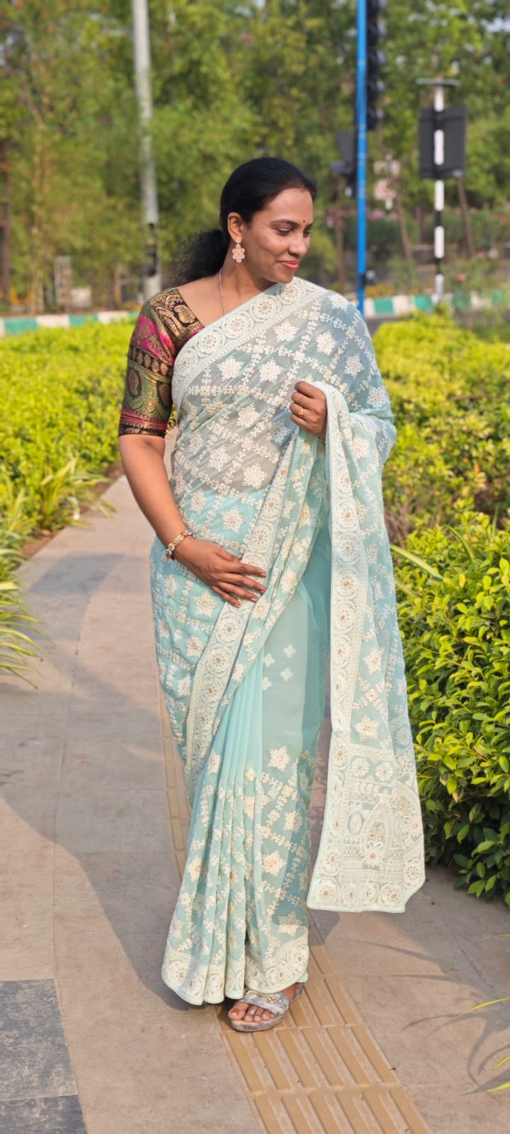 Sea Green Hand-embroidery chikankari half jaal saree