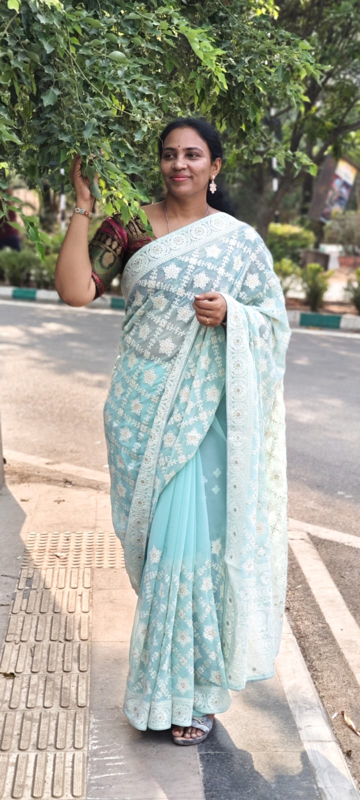 Sea Green Hand-embroidery chikankari half jaal saree