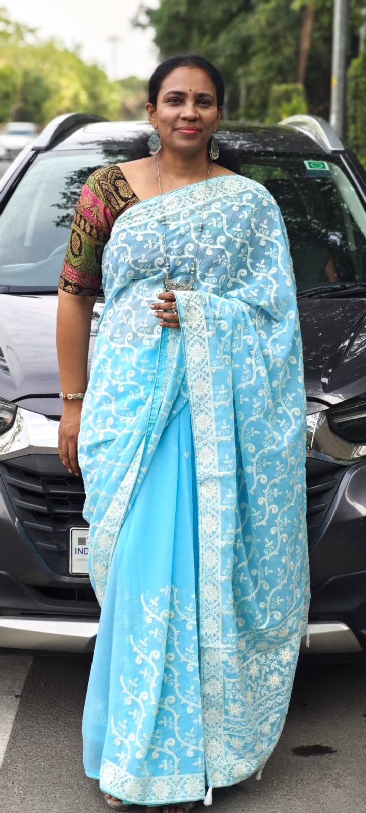 Light Blue Hand embroidery chikankari half jaal saree