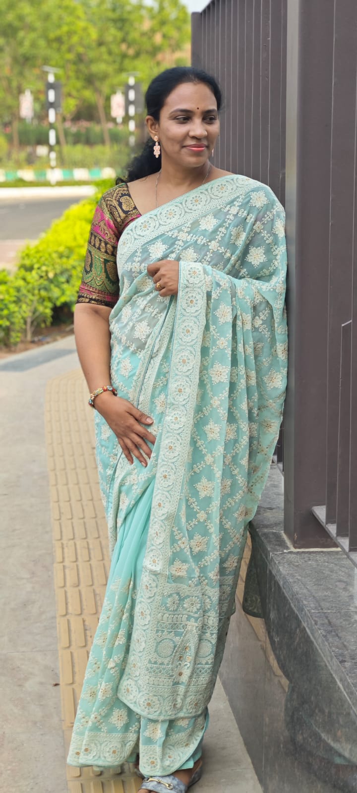 Sea Green Hand-embroidery chikankari half jaal saree