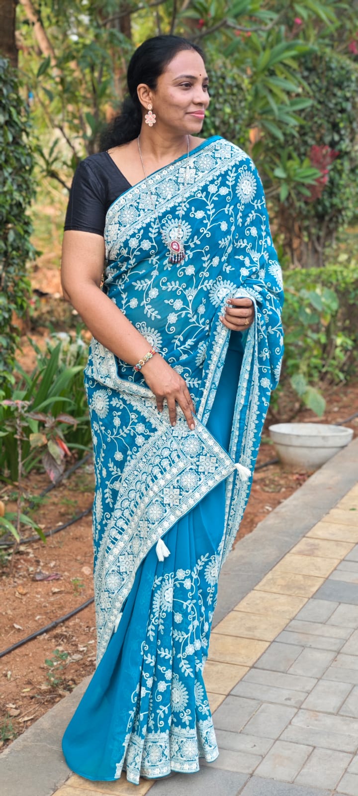 Blue Hand - embroidery chikankari half jaal saree
