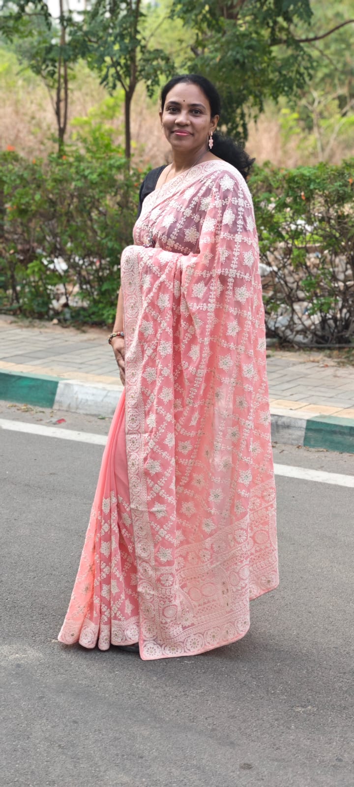 Peach Hand - embroidery Chikankari half jaal saree