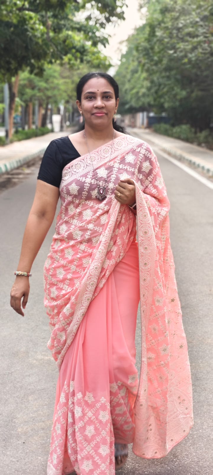 Peach Hand - embroidery Chikankari half jaal saree