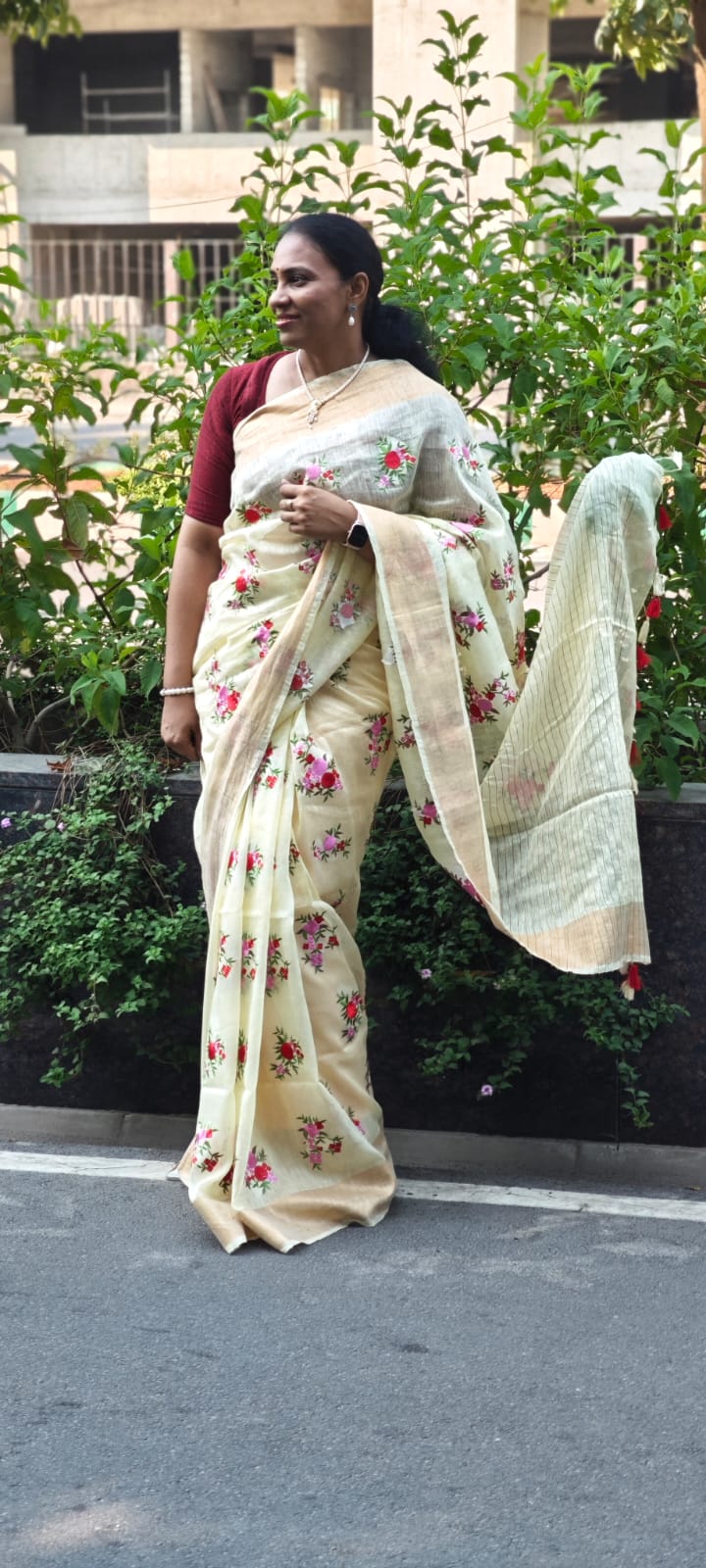 Linen Embroidery saree