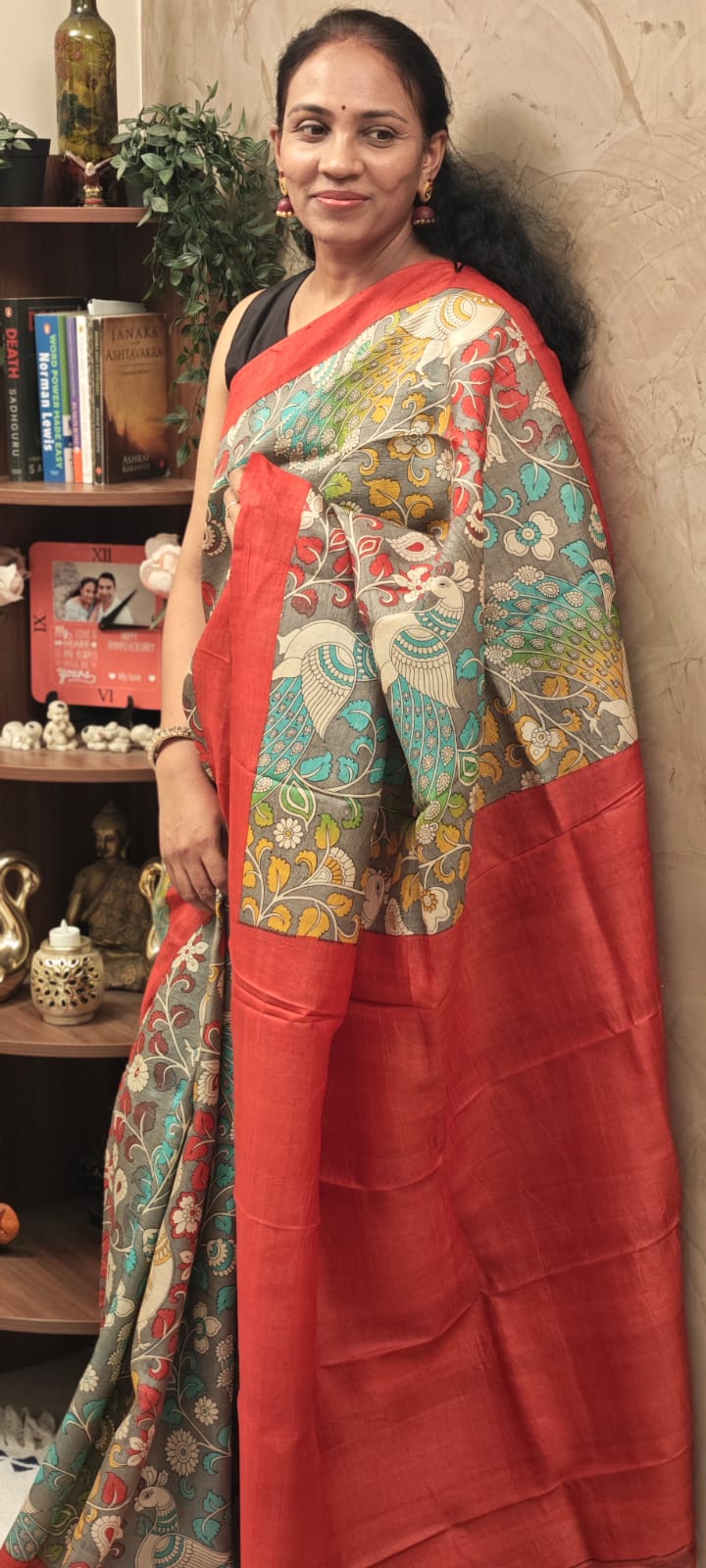 Hand Block Print Kalamkari Tussar Silk Saree