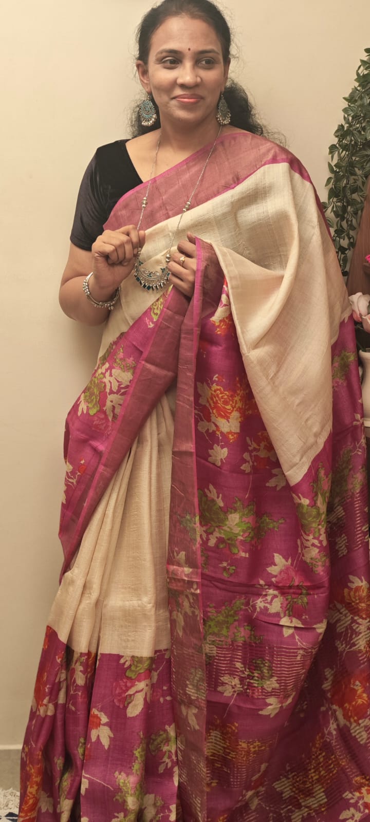 Hand Block Print Tussar Silk Saree