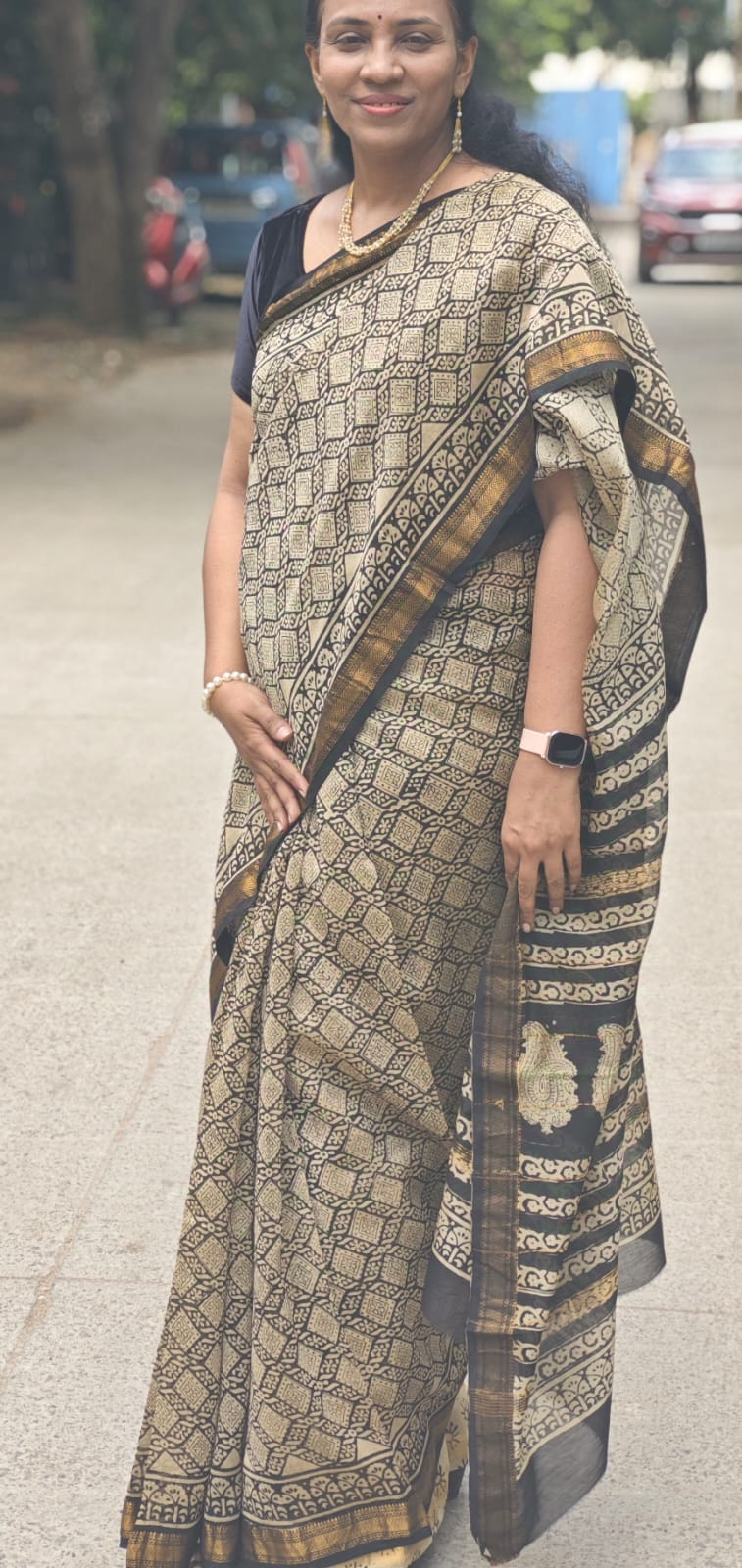 Hand Block Printed Maheshwari silk cotton saree