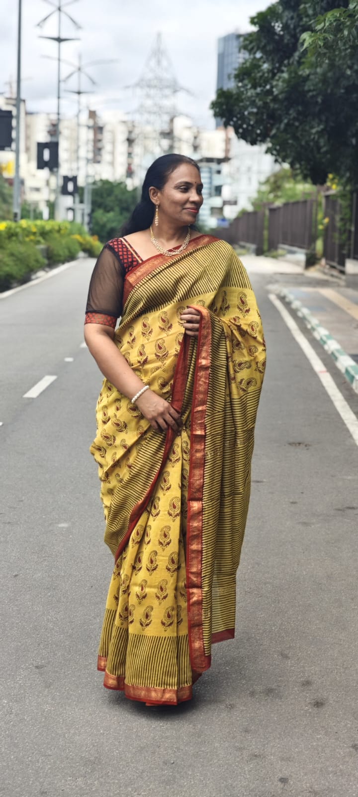 Hand Block Printed Maheshwari silk cotton saree