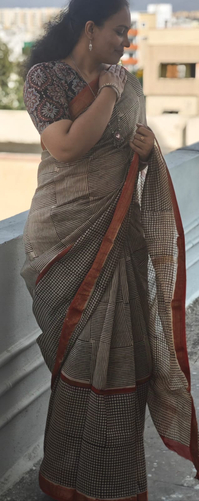 Hand Block Printed Maheshwari silk cotton saree