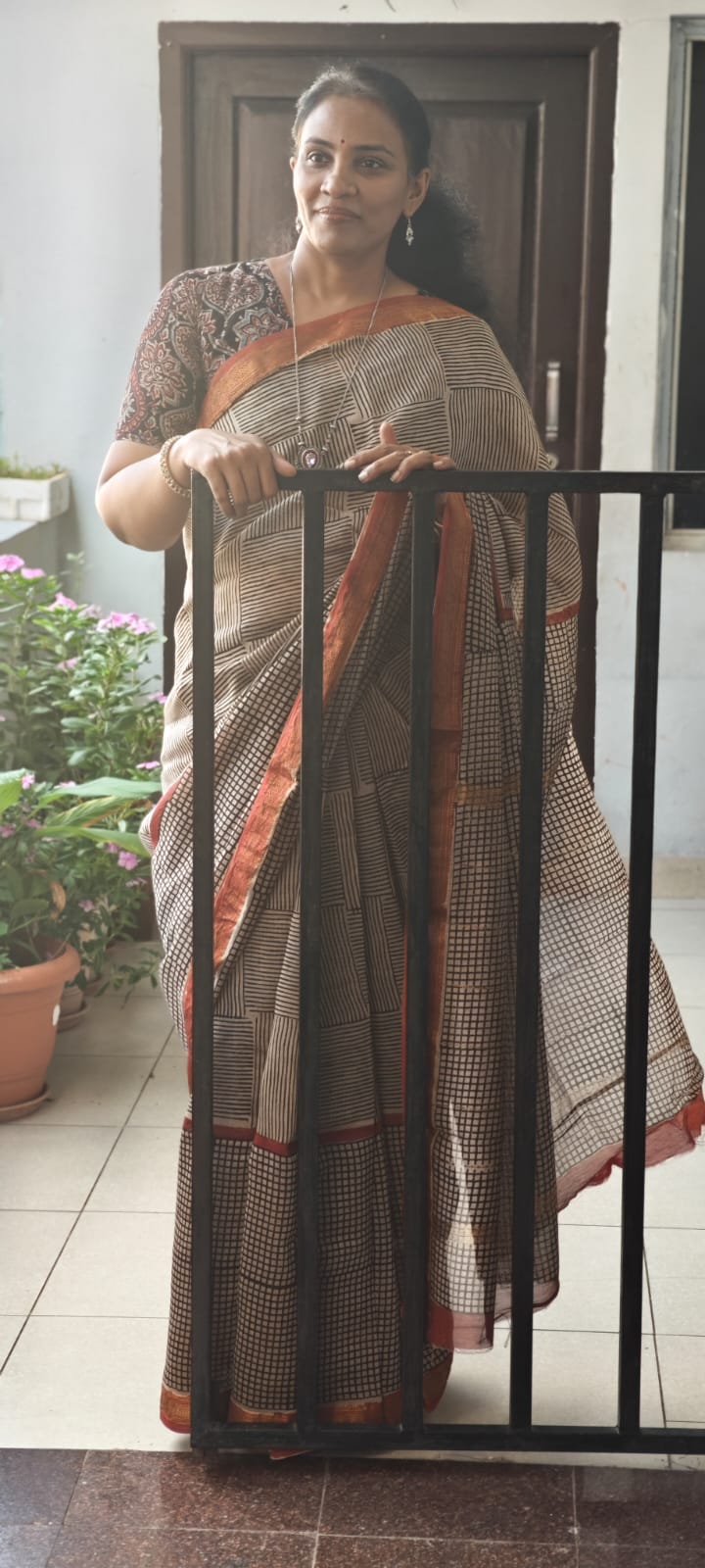 Hand Block Printed Maheshwari silk cotton saree