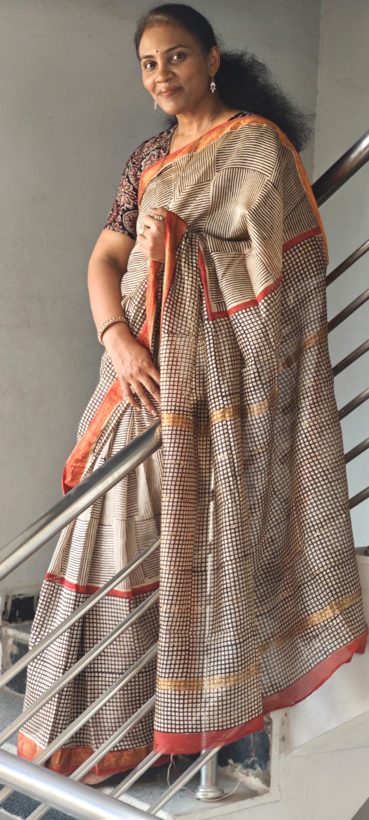 Hand Block Printed Maheshwari silk cotton saree