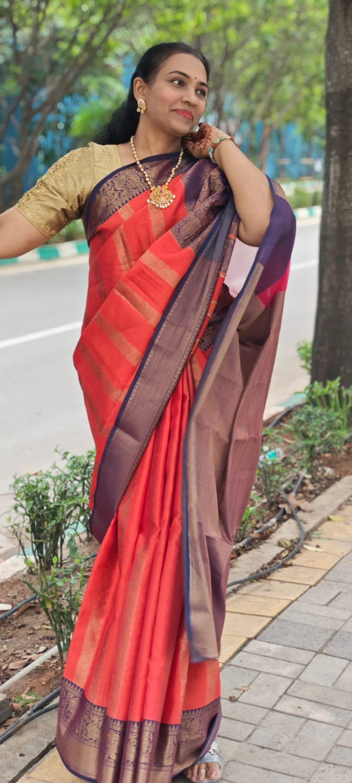 Orange Semi-Kanchipuram silk saree