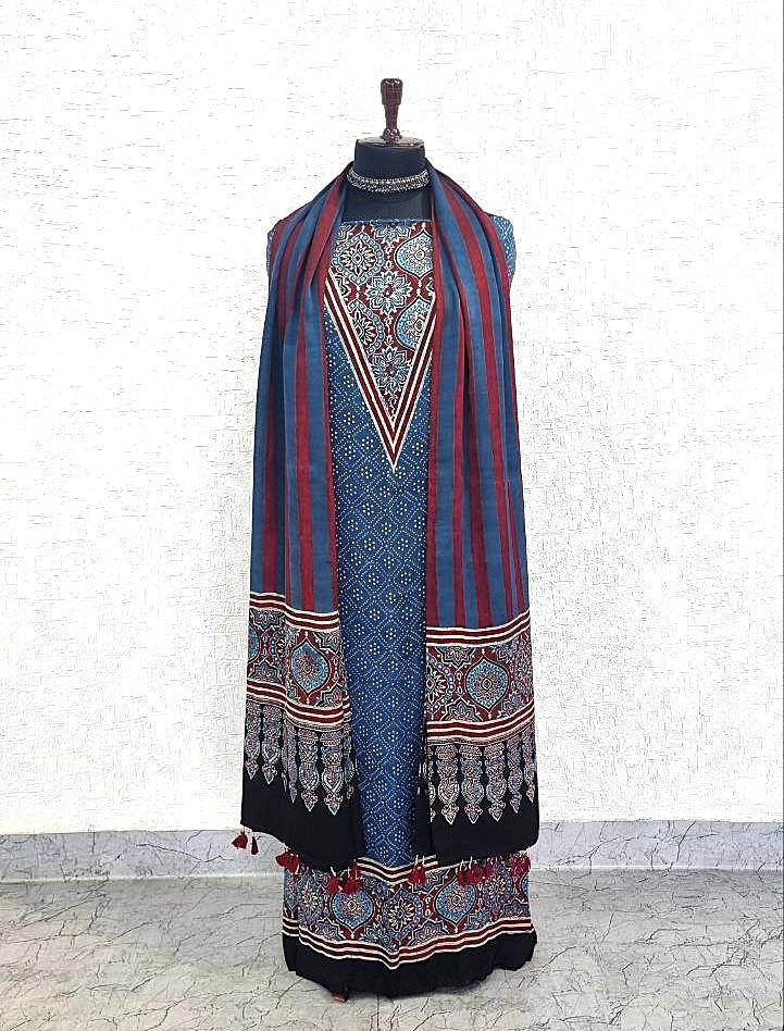 Indigo Blue Modal Silk Ajrakh Handblock Suit