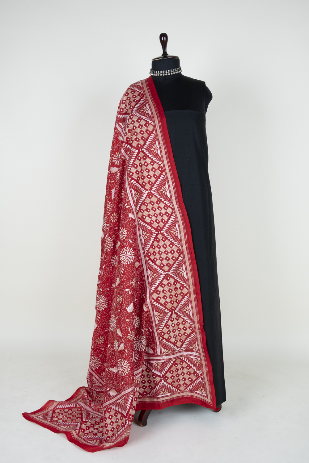 Red Kantha Mulberry Silk Dupatta