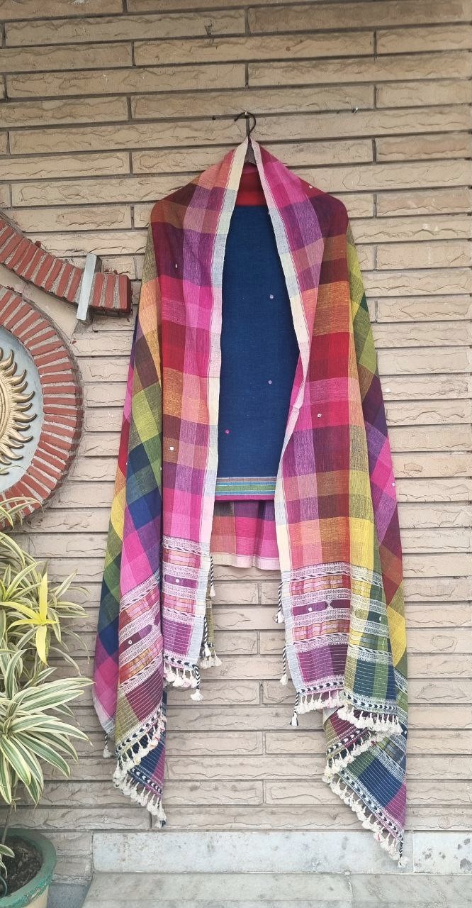 Teal Blue Kala Cotton Bhujodi Suit with Multicolor Dupatta